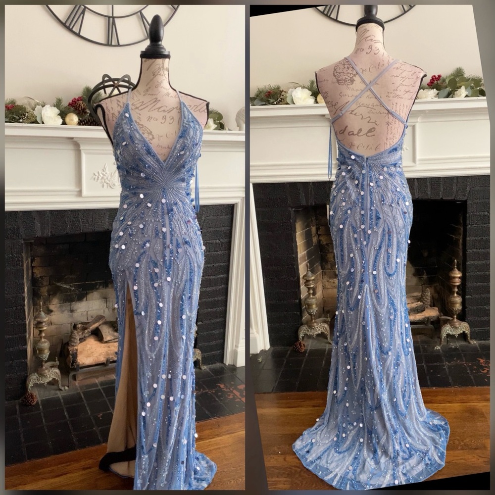 Sparkly hand beaded light blue prom dress, formal dress or pageant evening gown